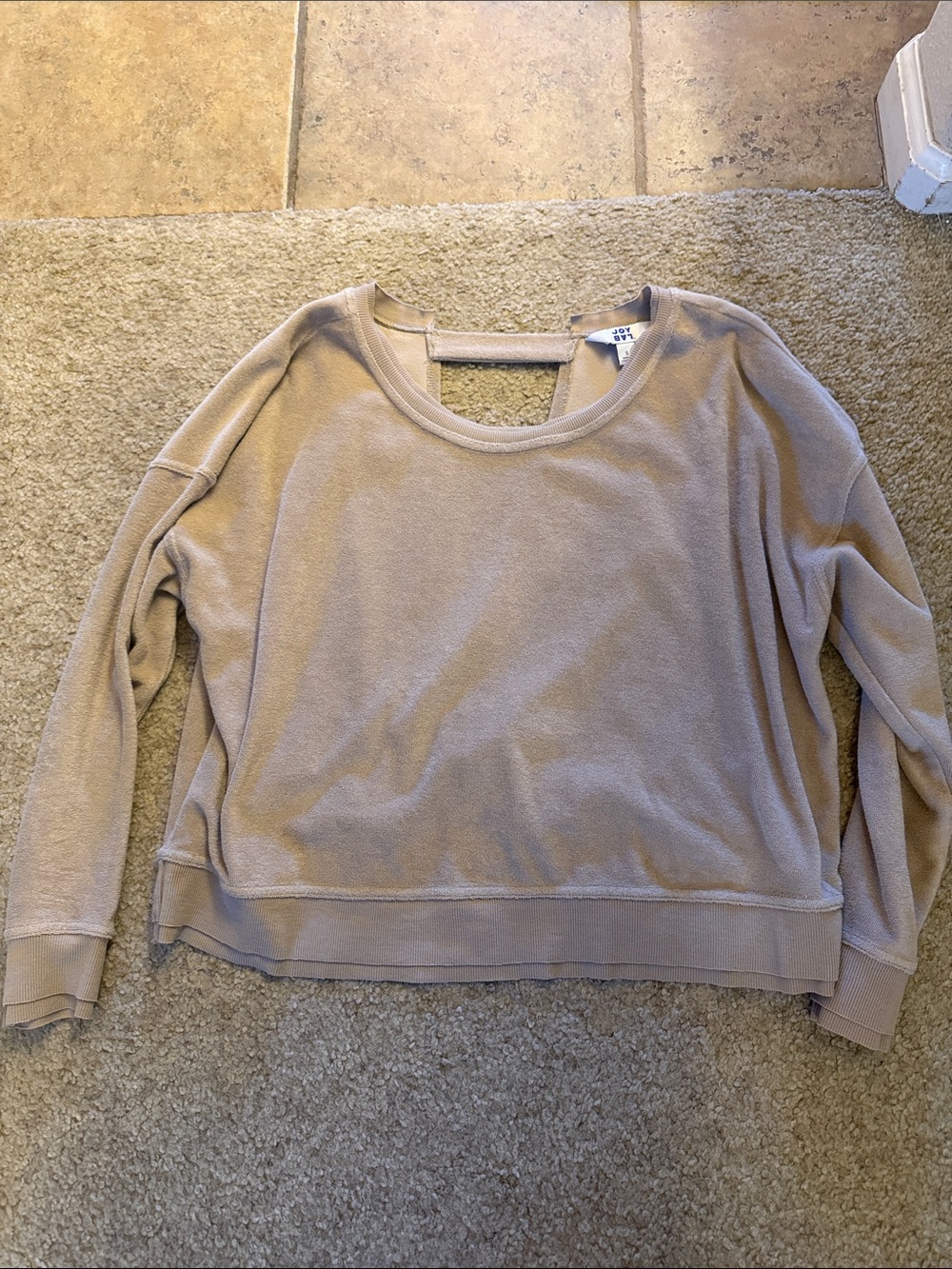 JoyLab Scoop-Neck Back-Strap Sweatshirt in Taupe